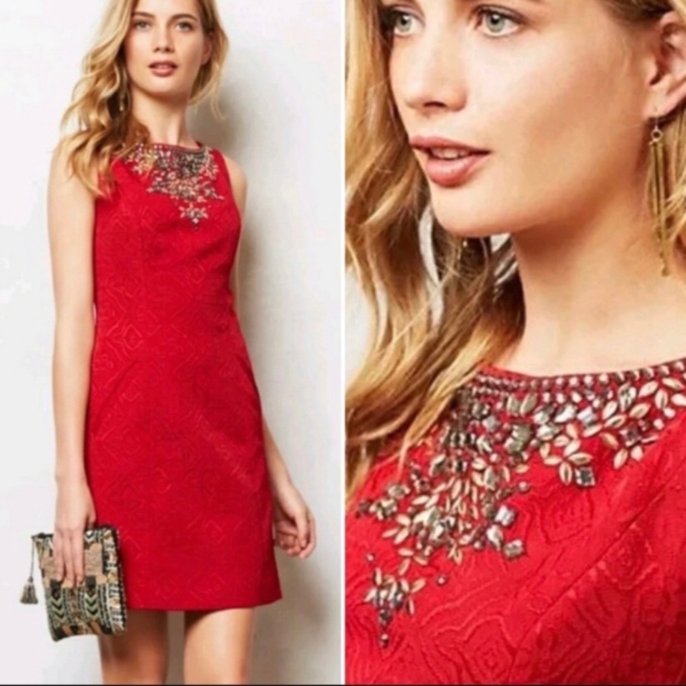 Anthropologie Moulinette Soeurs Red Brocade Embellished Sheath Dress Sz.0